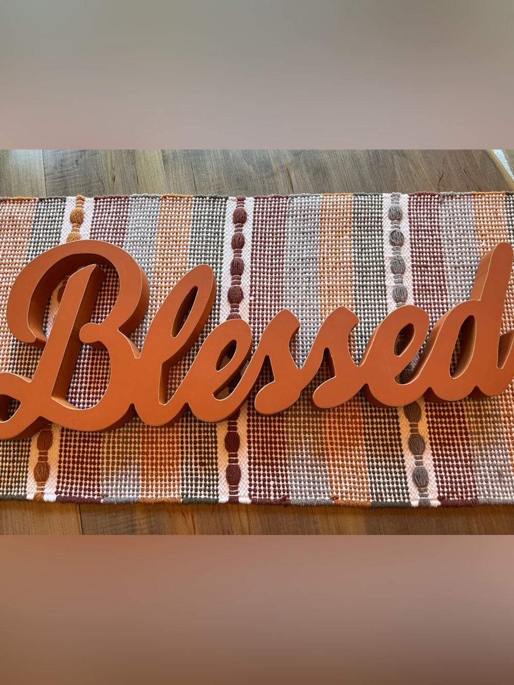 BLESSED Welcome Script Wall Decor in Rust Orange 21” width , 9” height front&bac